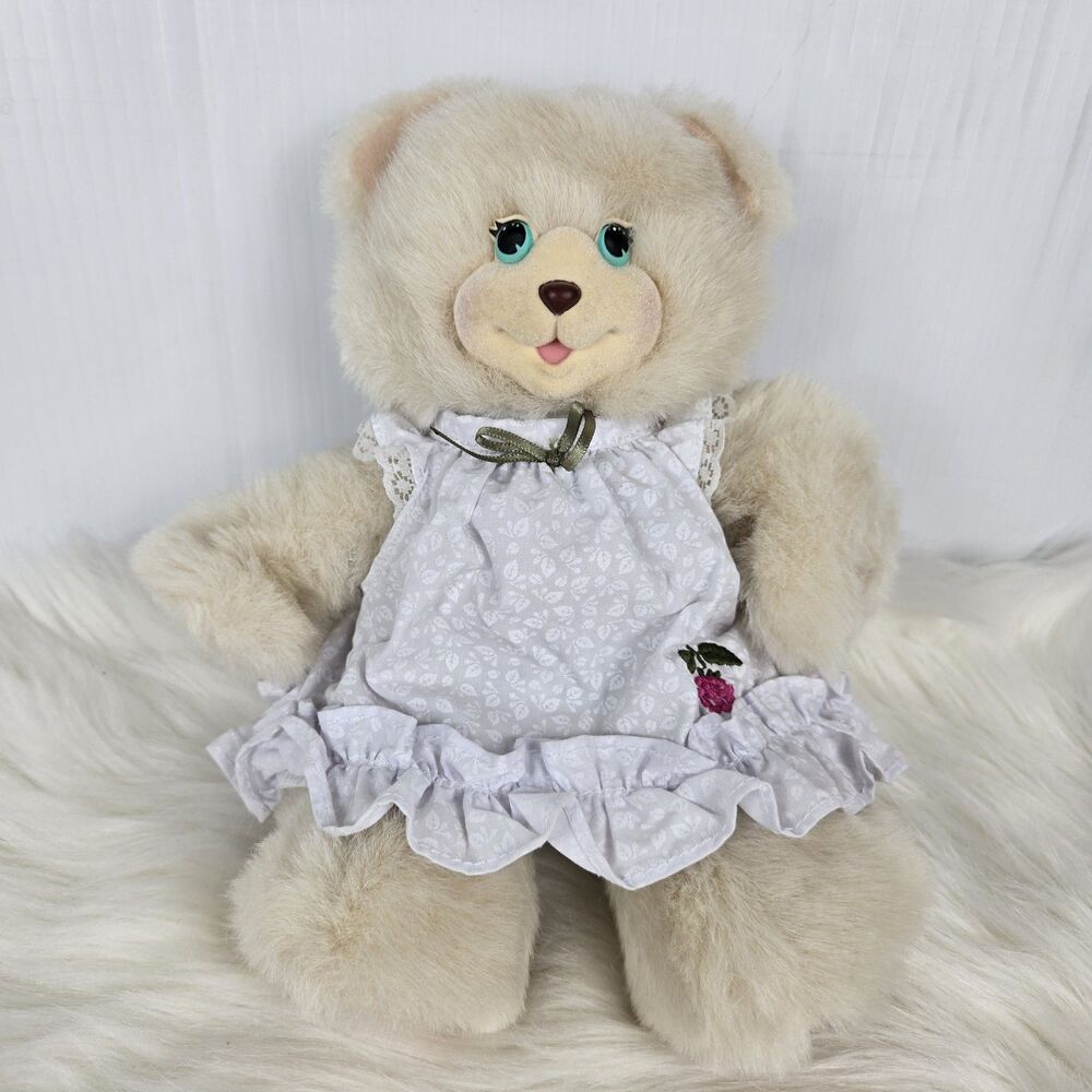 Vtg 1998 Fisher Price Berry Jane Teddy Bear Plush Wearing Dress Flocked Face 9"